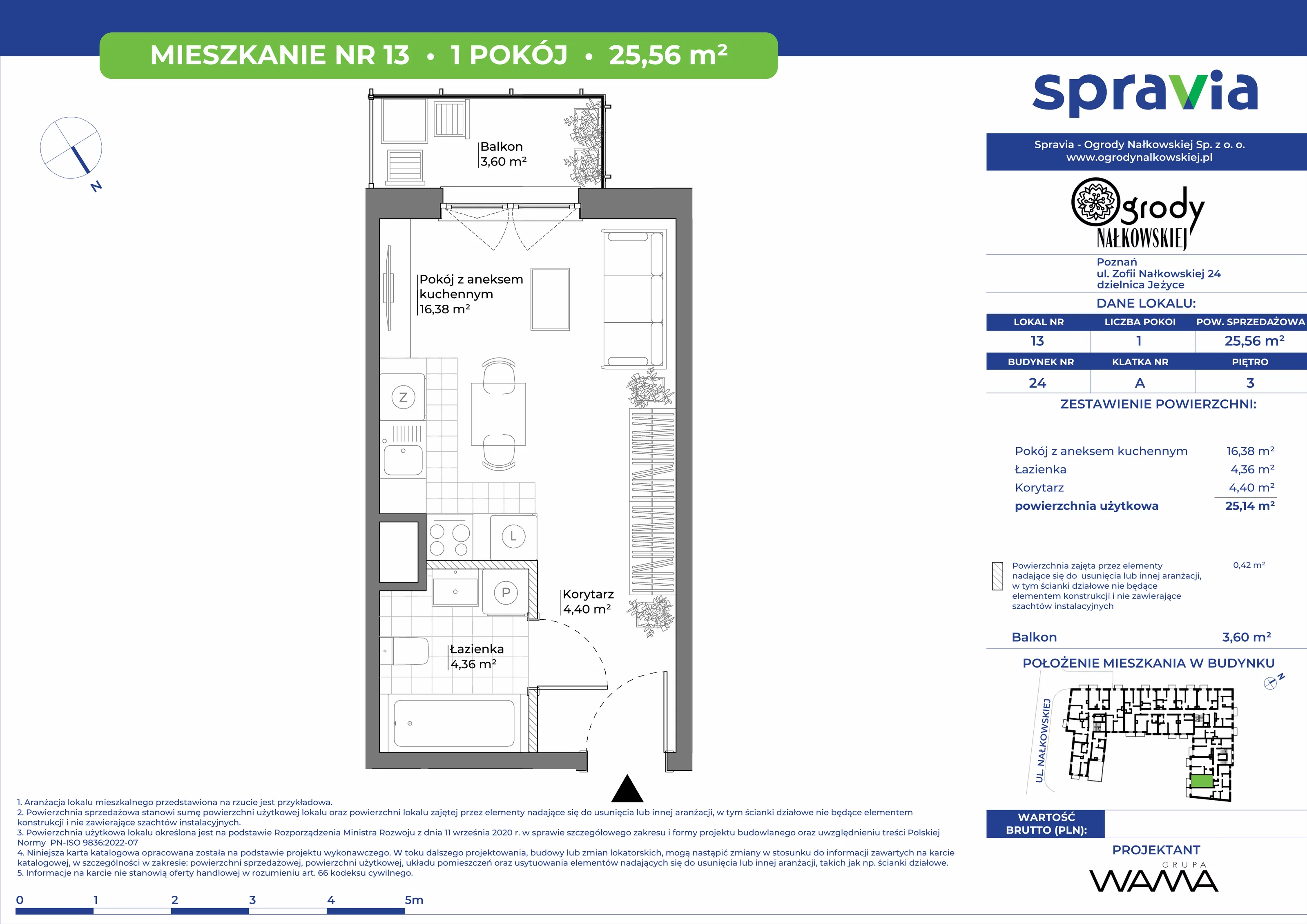 1 pokój, mieszkanie 25,56 m², piętro 3, oferta nr 24-13, Ogrody Nałkowskiej, Poznań, Ogrody, ul. Nałkowskiej 24, 26